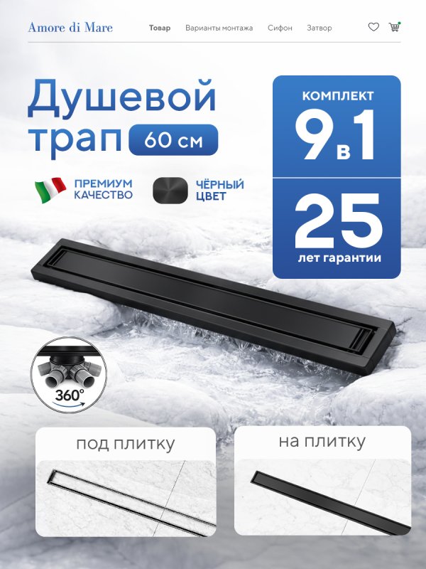 Душевой трап Amore di Mare Verso Black SD-60B 	600мм*70мм  черный